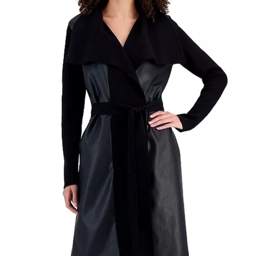 Tahari faux leather black midi cardigan size large
